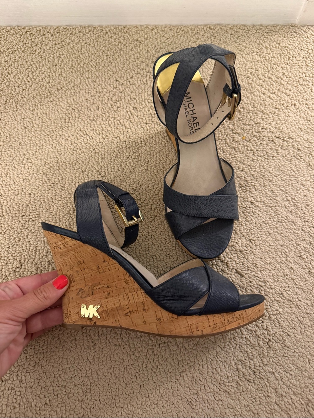 Michael Kors Navy Leather Wedge Sandals with Cork Heel